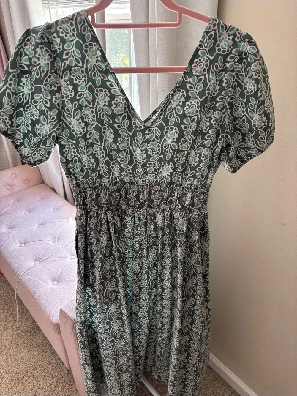 J. Crew Sage Green Floral V-Neck Short Sleeve Midi Dress